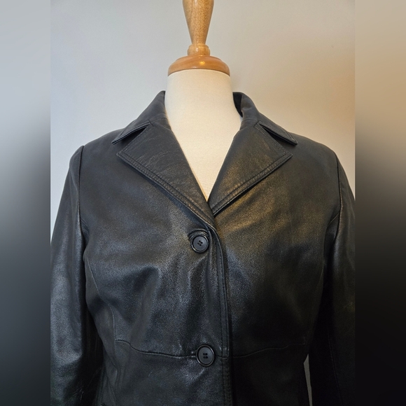 Danier Black Genuine Leather Coat M/L Tailored Button Front Longline Jacket - Picture 2 of 9